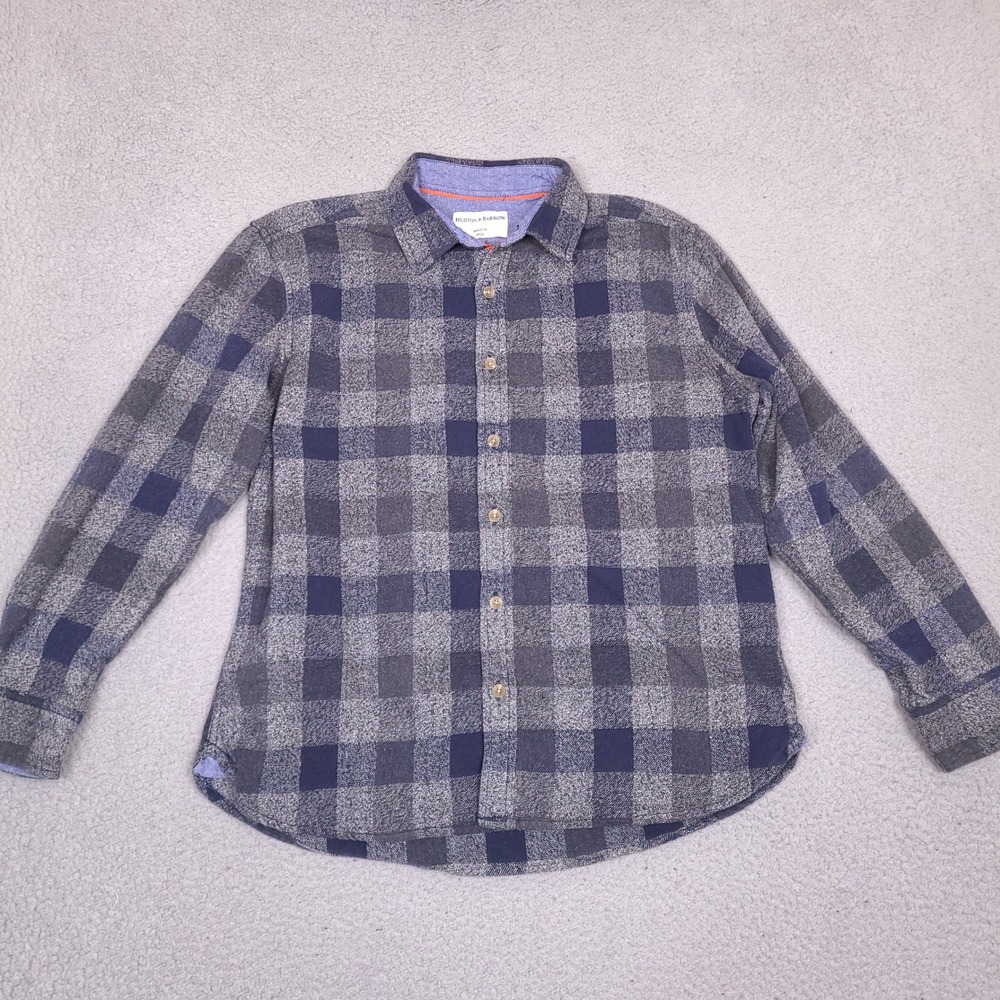 Hudson & Barrow Mens Mountain Flannel Shirt Large Blue Grey Plaid Cotton‎ L/S